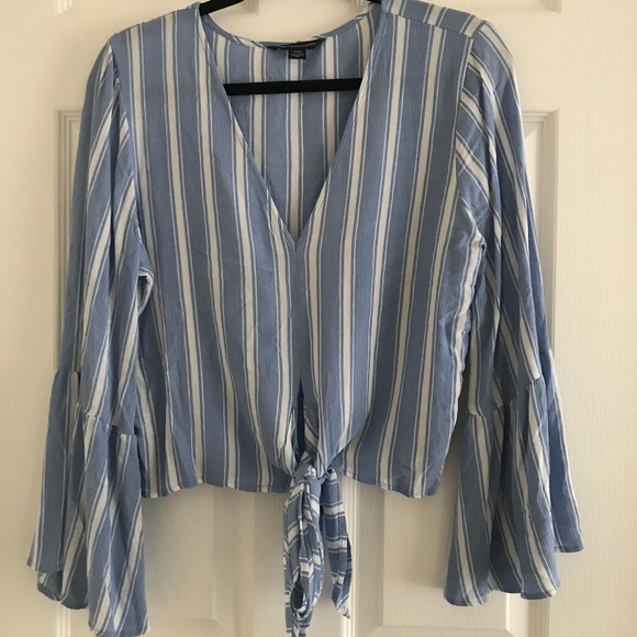 American Eagle Outfitters Tops - Striped Blue Linen Crop Tie Blouse